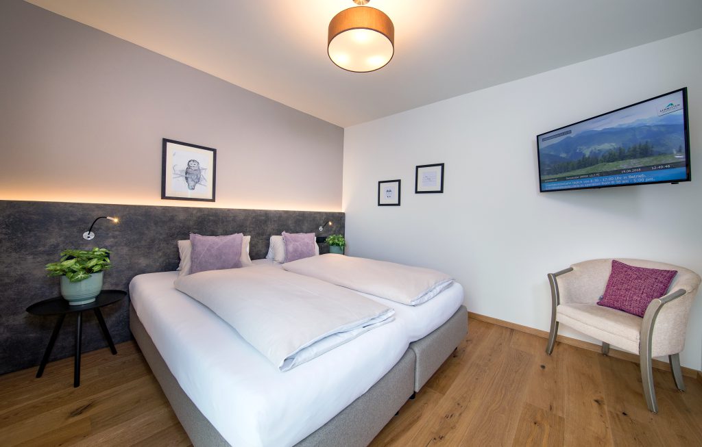 Modern eingerichtetes Doppelzimmer mit Fernseher und Holzfußboden